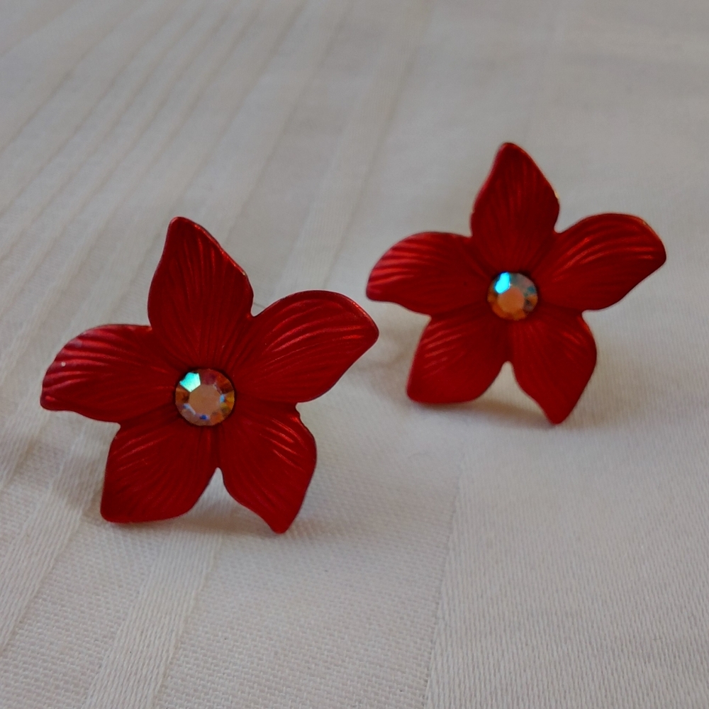 Vintage Red Poinsettia Christmas Earrings